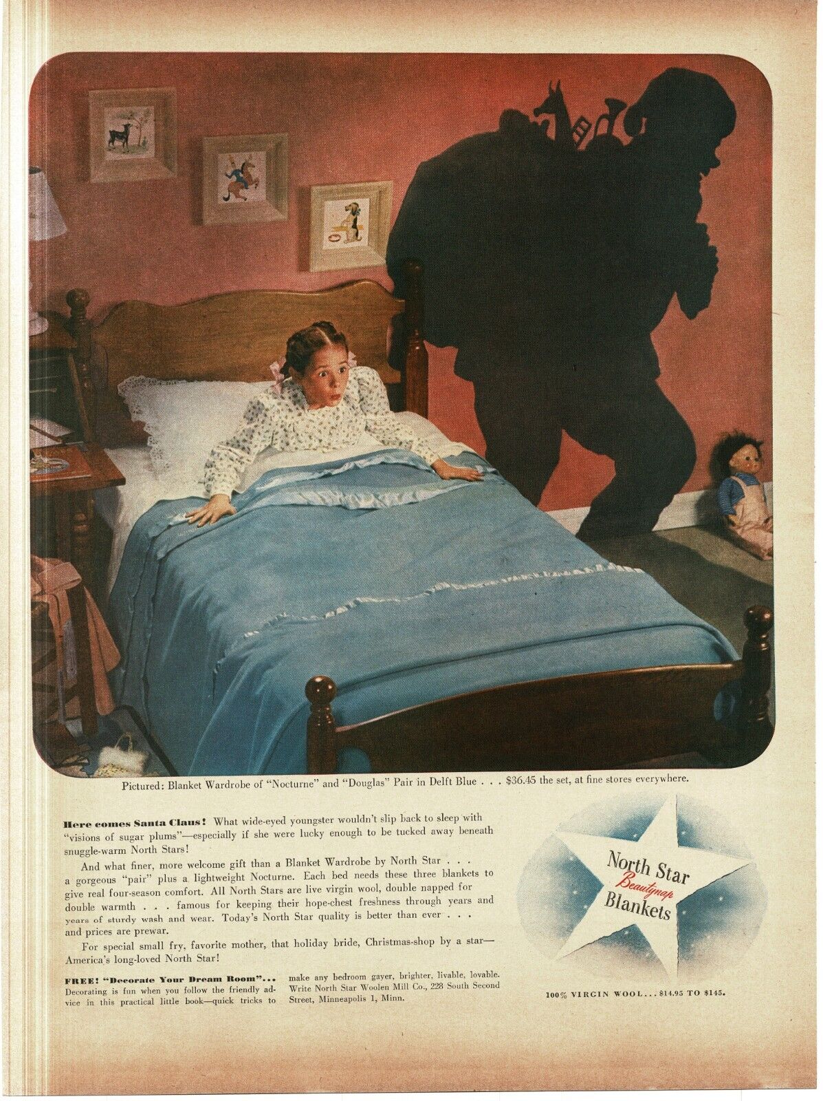 1946 North Star Beautynap Blankets Santa Claus Shadow Vintage Print Ad