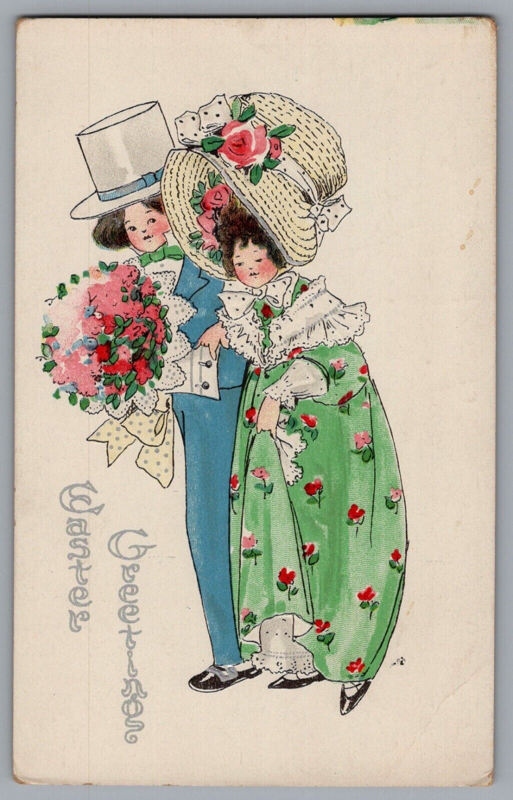 Antique Easter Postcard Easter Greetings Victorian Couple Large Hats Amp Co A404