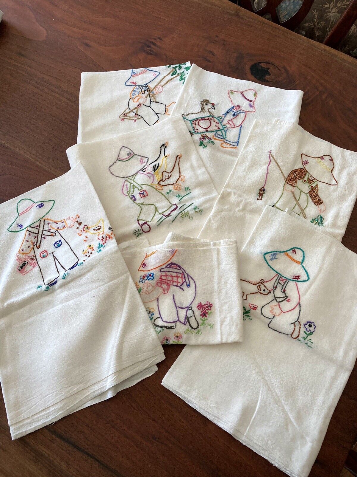 Pristine Vintage Set of 7 Hand Embroidered Little Farmer Boy Feedsack Tea Towels