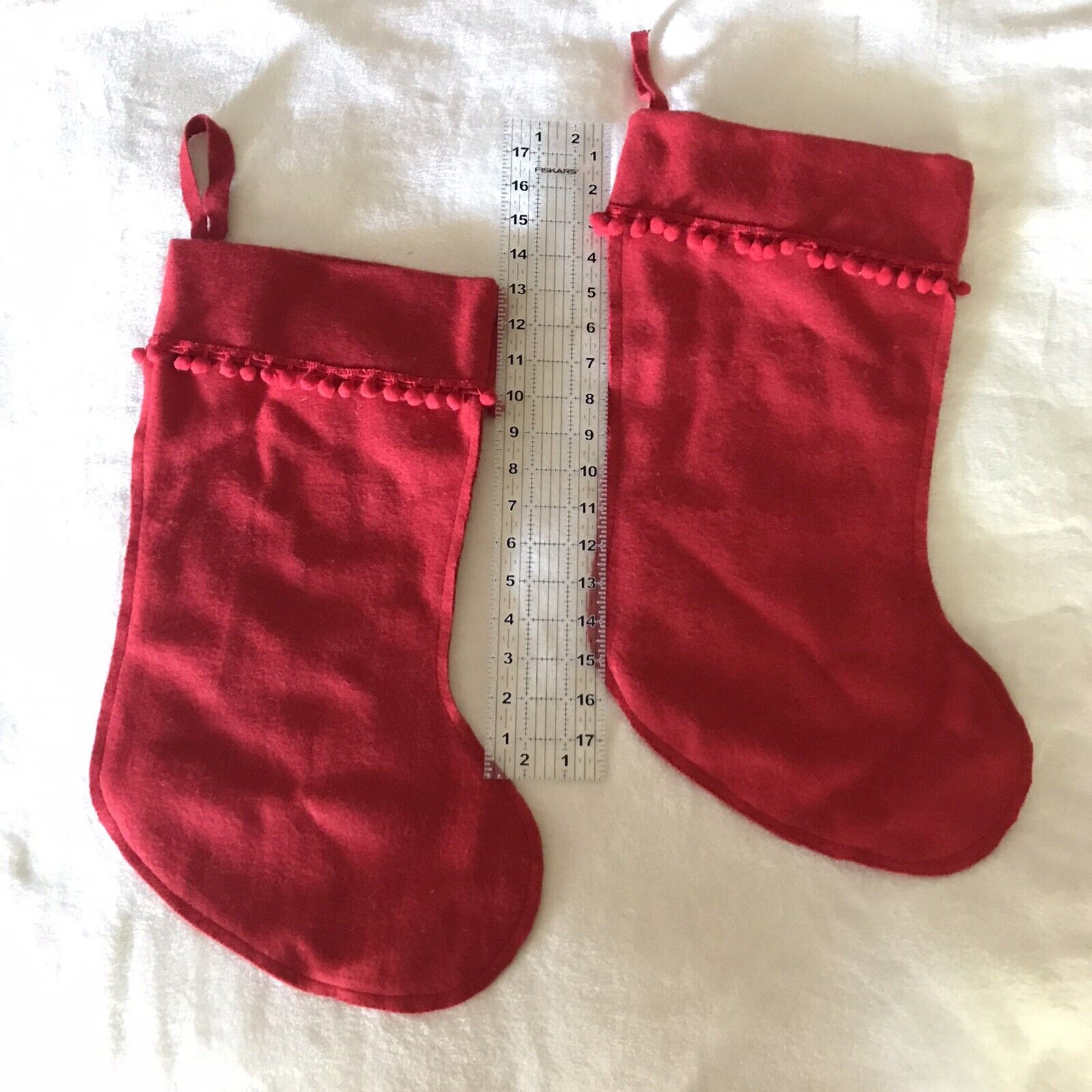 2 Vintage Red Felt Stockings Merry Christmas Jingle Bells Santa Ball Fringe New