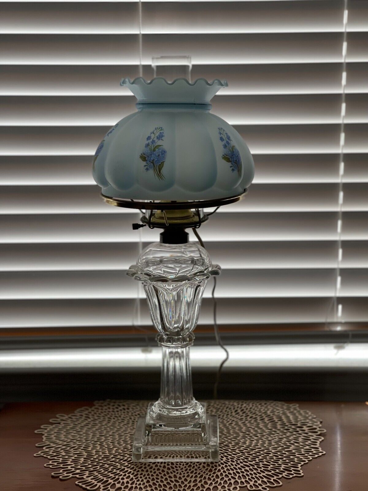 Antique: Pair of 19th Century Oil Lamps (Electrified) with Blue Shades 