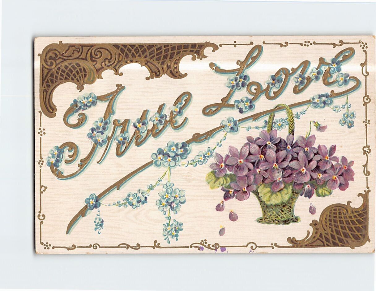 Postcard True Love Flower Basket Art Print Embossed Card