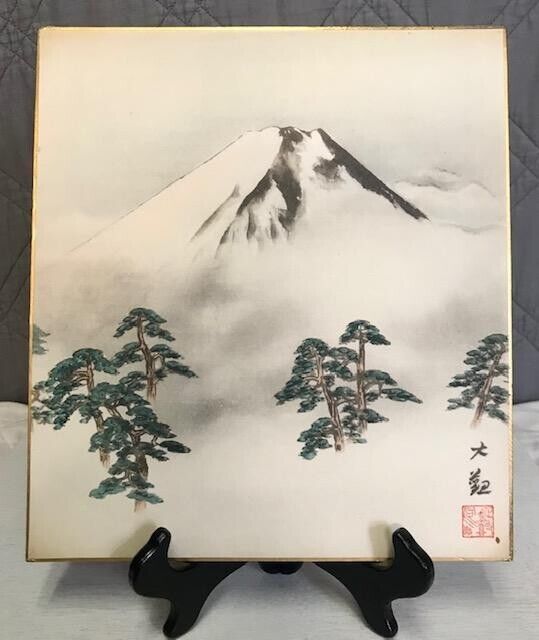 Vintage c.1960's Original Japanese Shikishi Watercolor Painting of Mt. Fuji