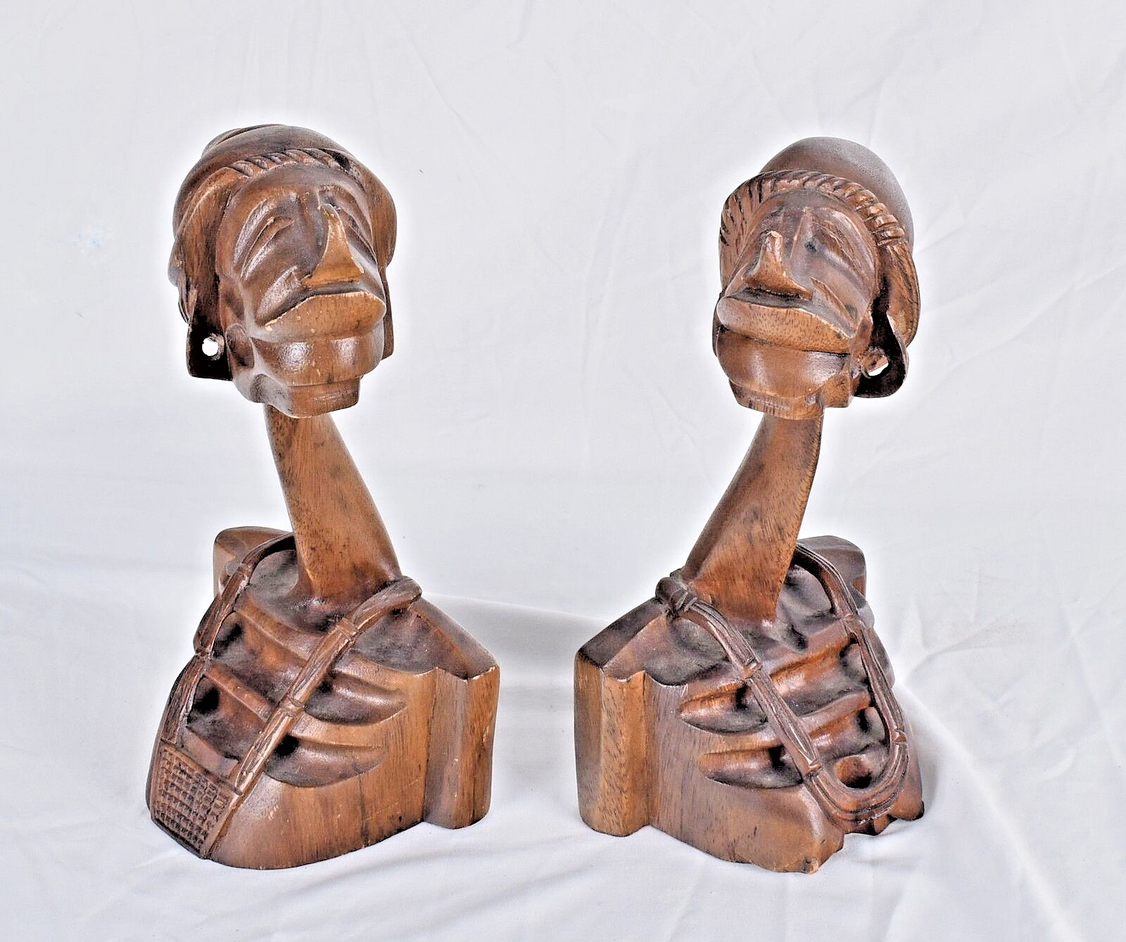 Pair of Hand Carved African Wood Figurines Busts Man Woman Intricate Bookends