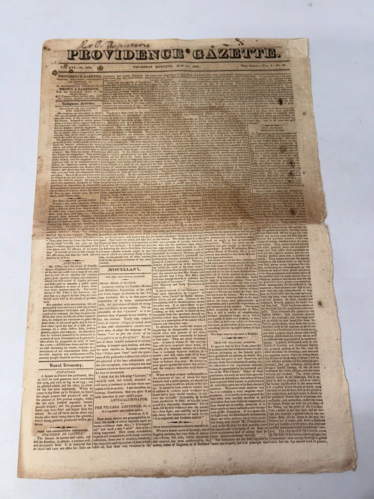 Providence Gazette May 11, 1820 Vol LVI No. 2960 (Vol 1 No. 38) Newspaper