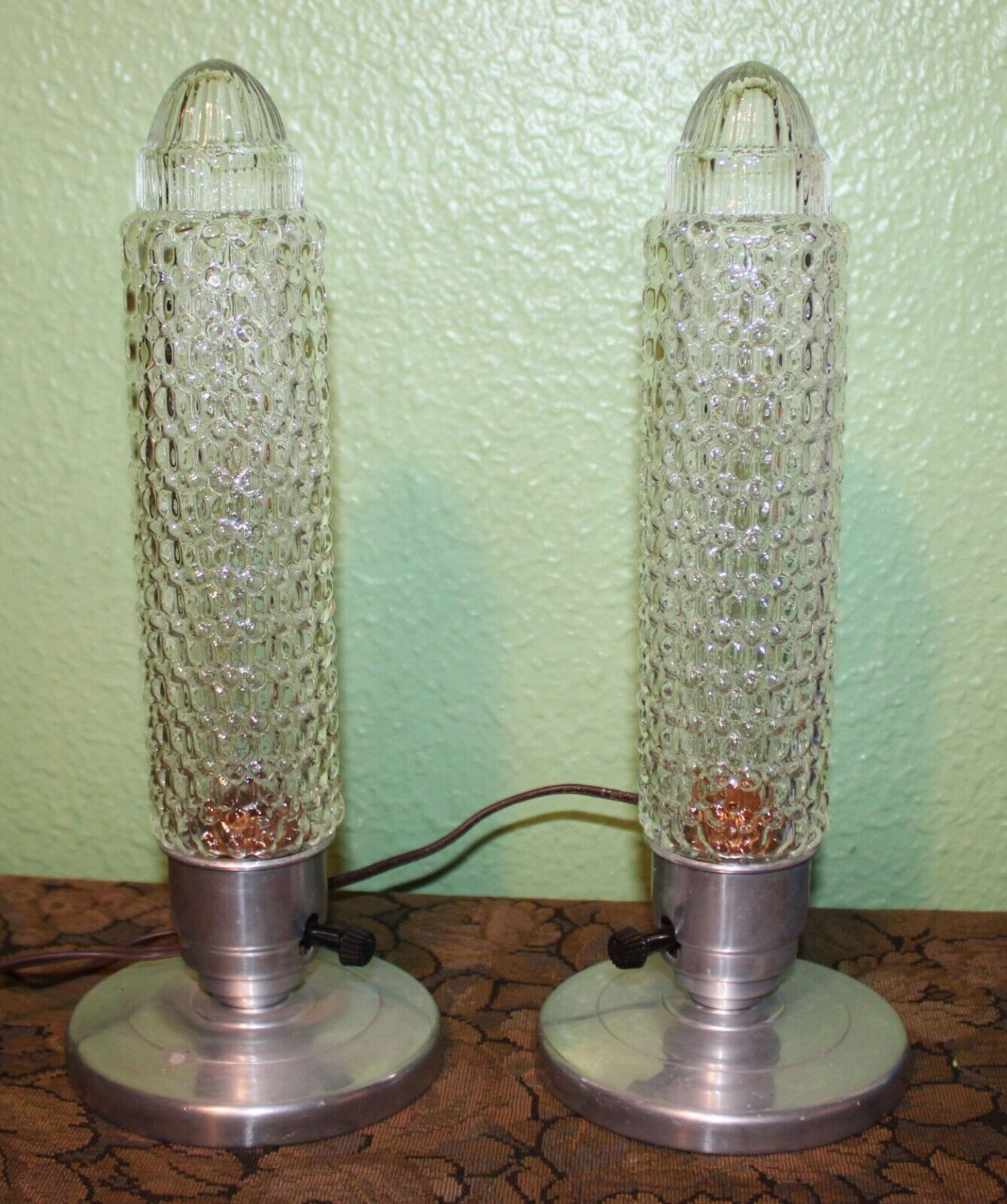 PAIR VINTAGE ART DECO CLEAR GLASS BULLET SKYSCRAPER BOUDOIR LAMPS - BOTH WORK