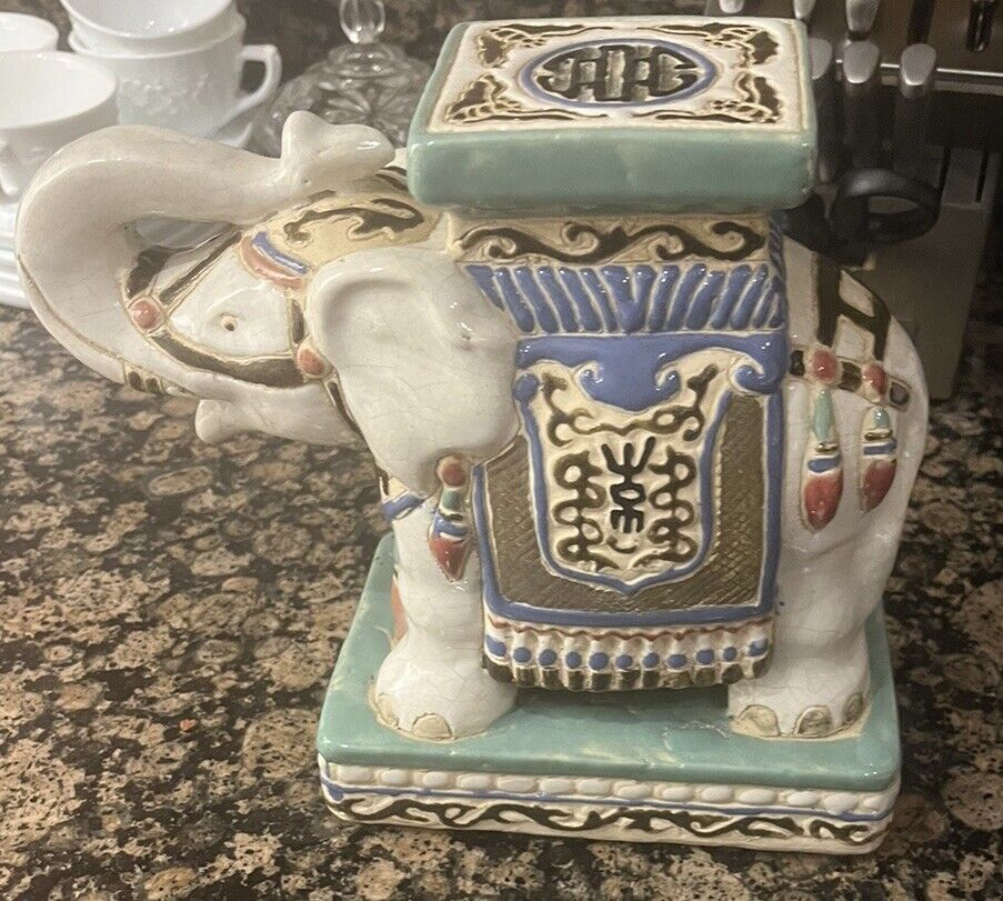 VTG  ASIAN STYLE CERAMIC GLAZED ELEPHANT STATUE PLANT STAND BOOKEND