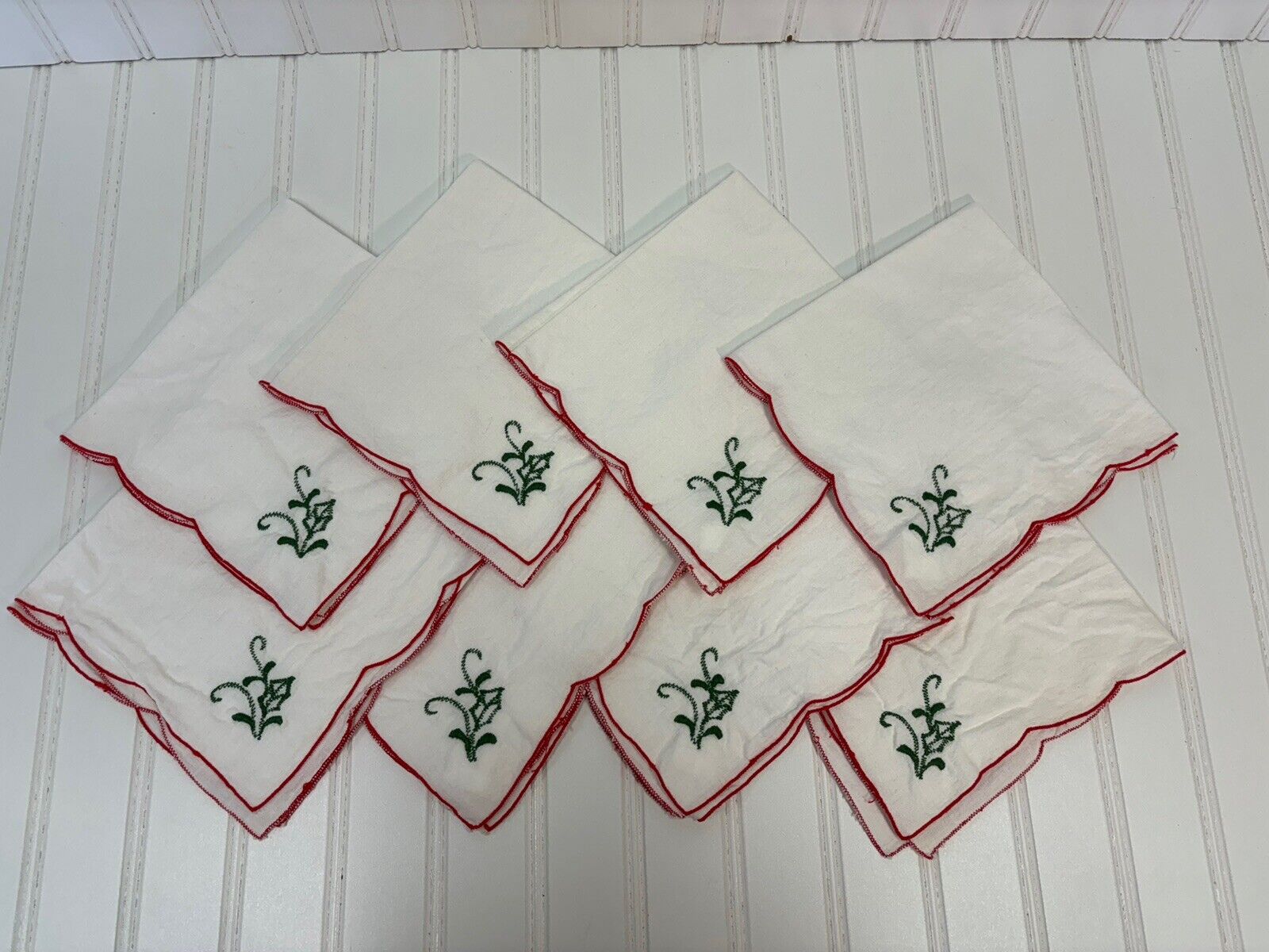 Lot of 8 Vintage Fabric Christmas Napkins White With Green Holly Embroidered