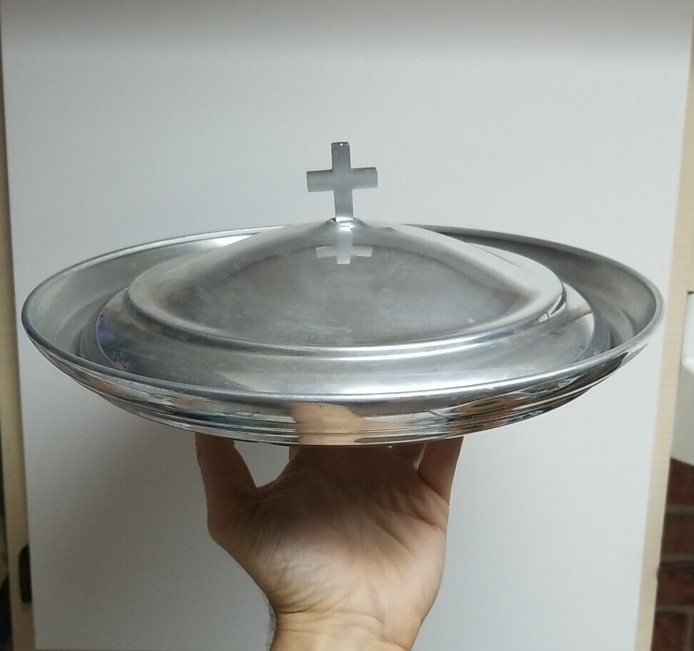 Vintage Metal Church Offering Collection Plate Aluminum w/Cross Handle & Lid 13\
