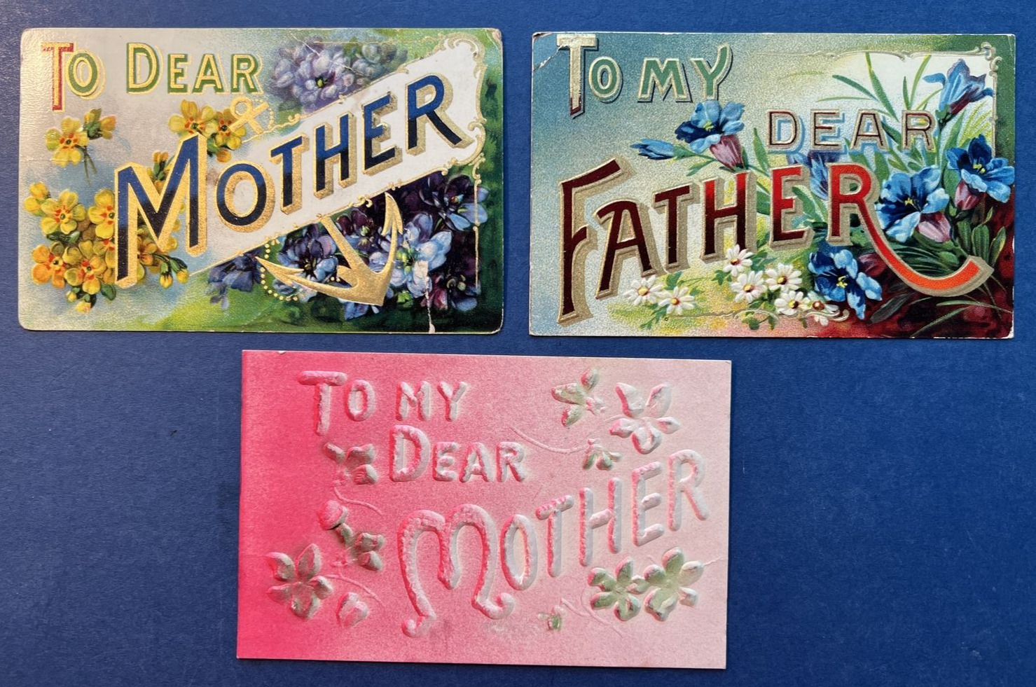 Mother\'s & Father\'s Day 3 Antique Postcards. EMB. Gold. Air Brushed. Colorful