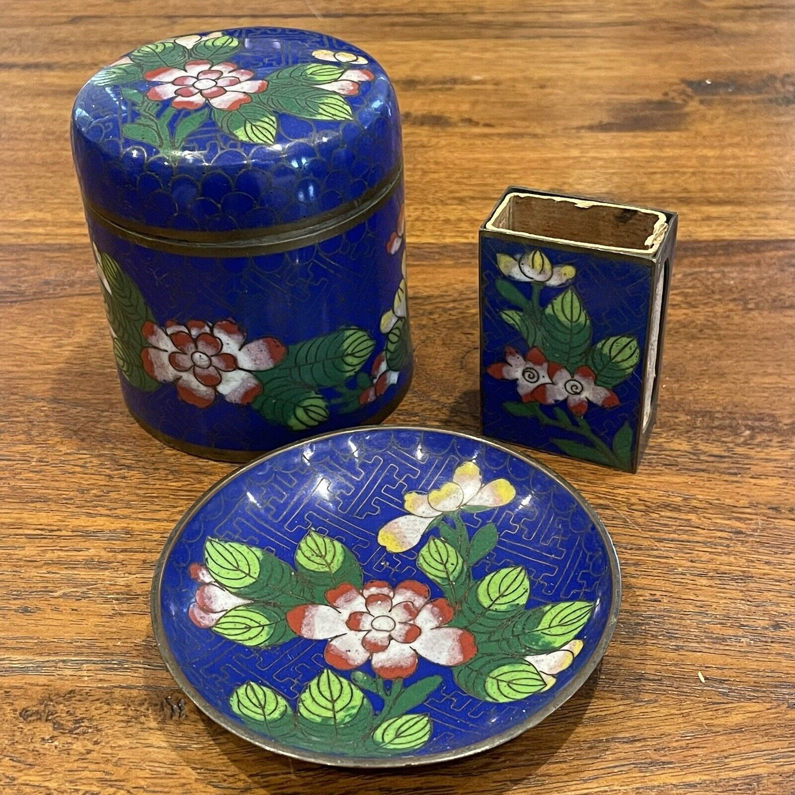 Vintage Chinese Cloisonne 3 Piece Set Matchbox  Round Dish Covered Jar Enamel