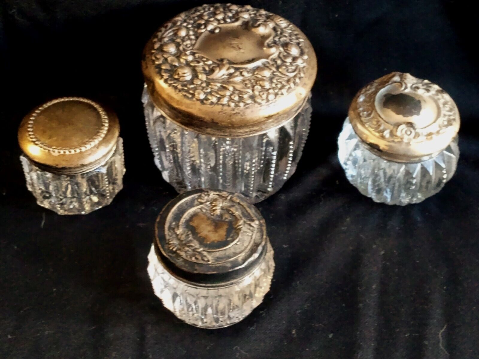 4 Pc Vintage Cut Crystal Sterling Power Jars Dresser Set 