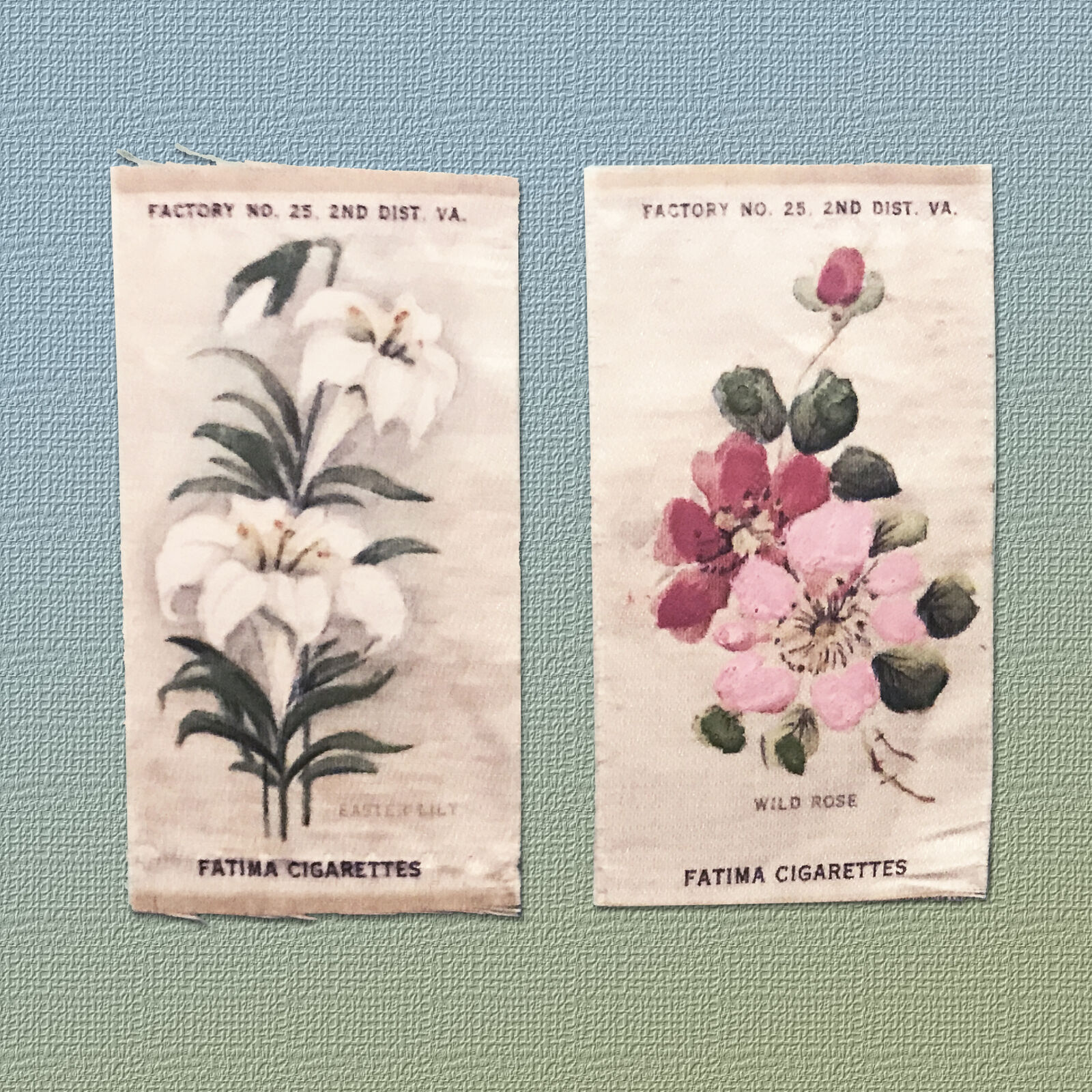 1880s LOT OF TWO (2) ANTIQUE FATIMA CIGARETTE INSERT PREMIUMS, FLOWER SILKS