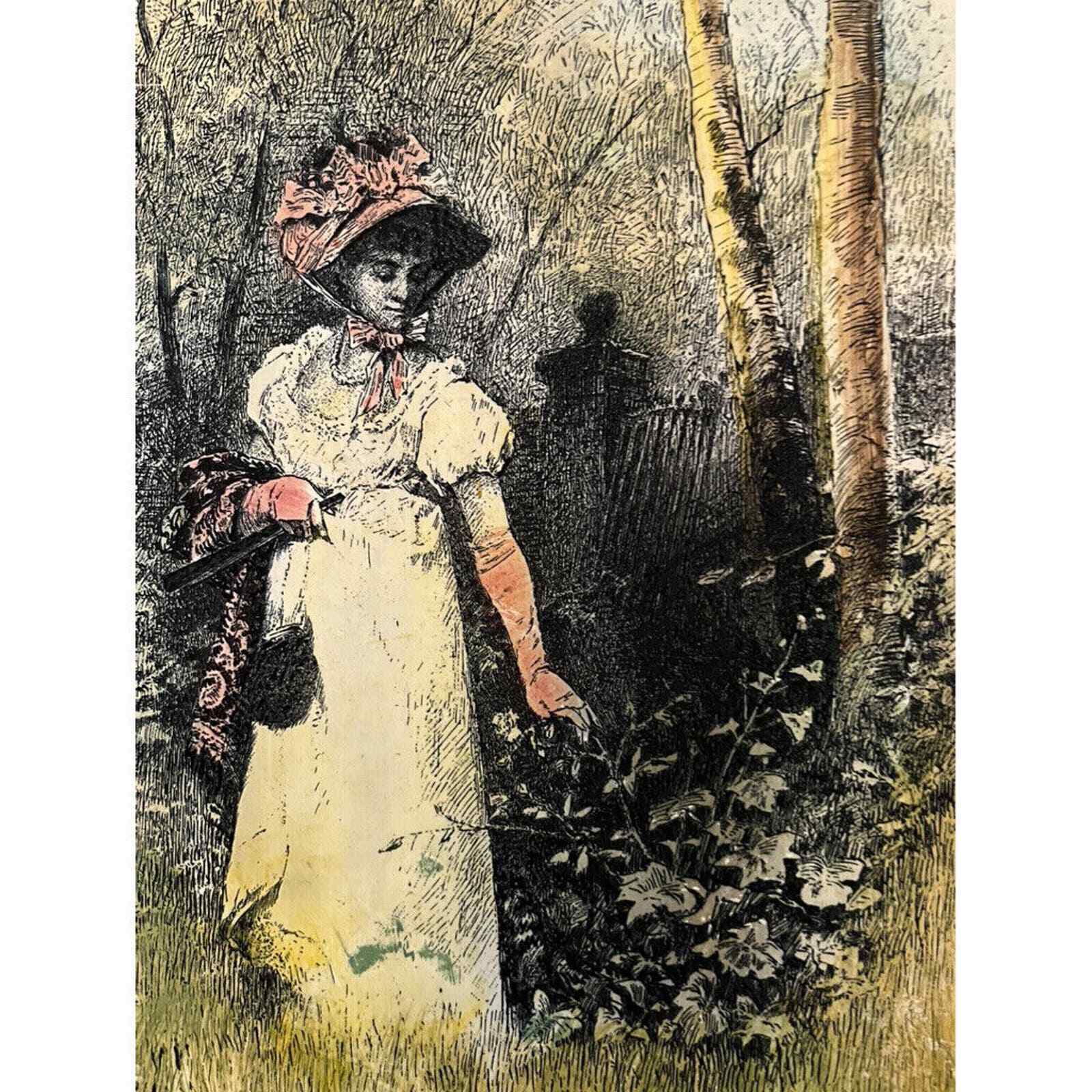 Tile Art etched Painted Victorian woman in the forest - Vintage