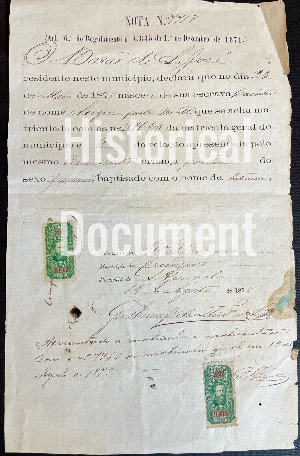 Rare: Brazilian Slave Registration from 1871