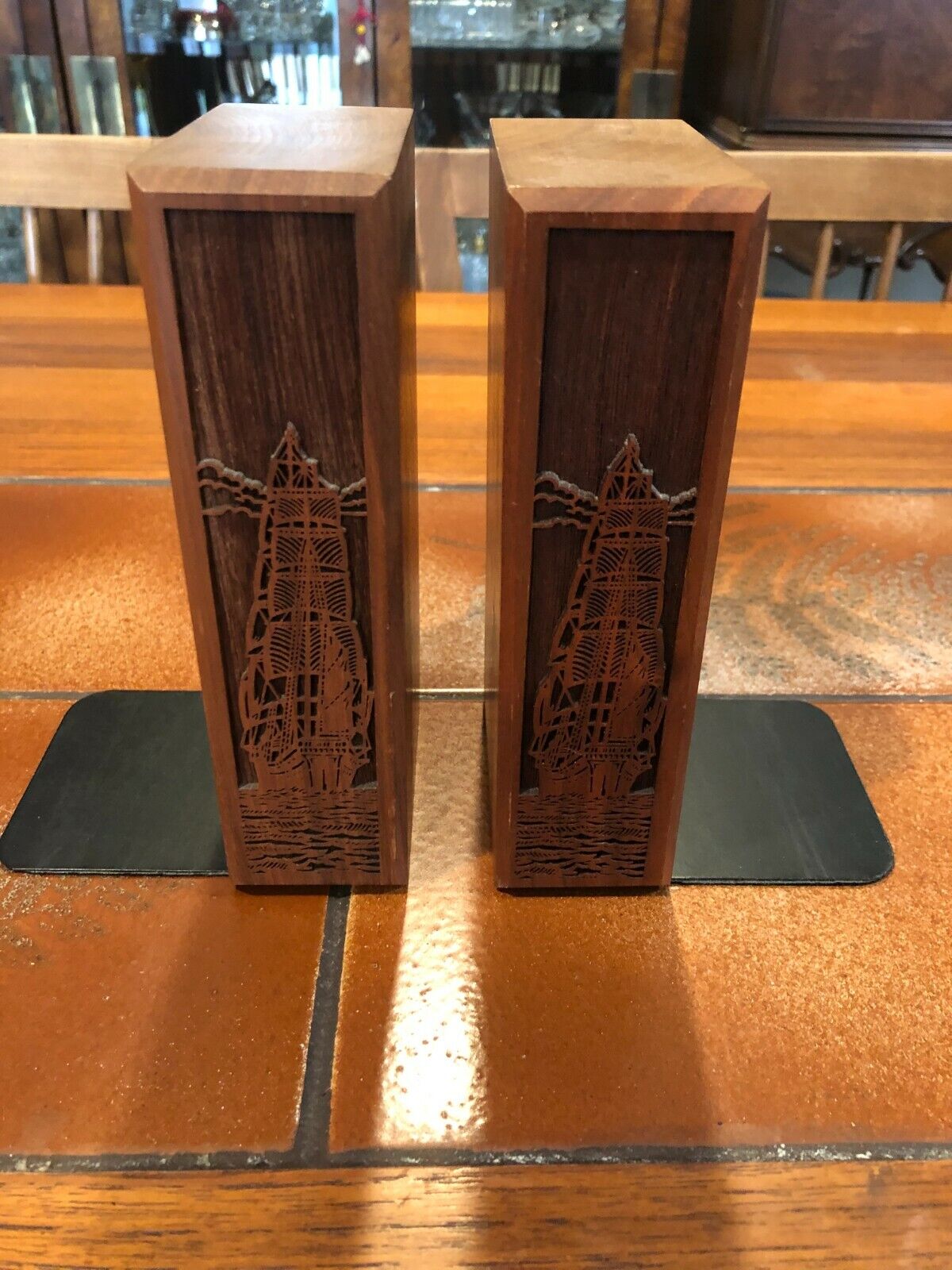 Vintage Pair of LaserCraft Solid Walnut Nautical Bookends, Ships Laser Engraved