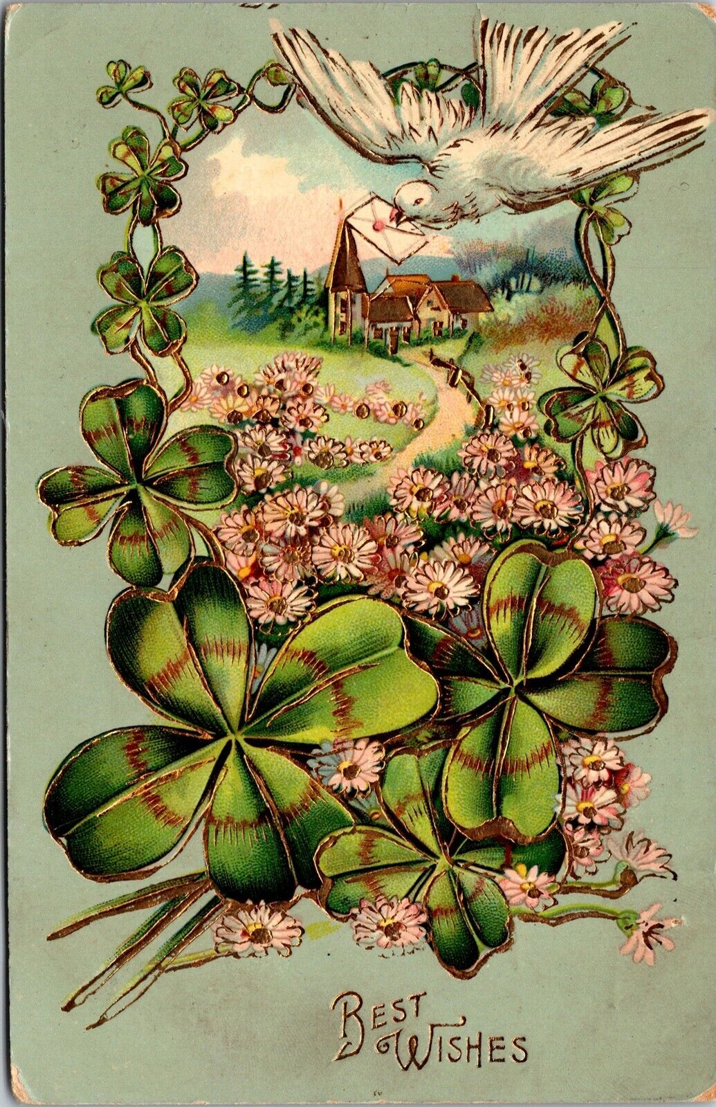 Vtg Best Wishes Embossed Dove 4 Leaf Clovers Flowers Gold Gilt 1910s Postcard