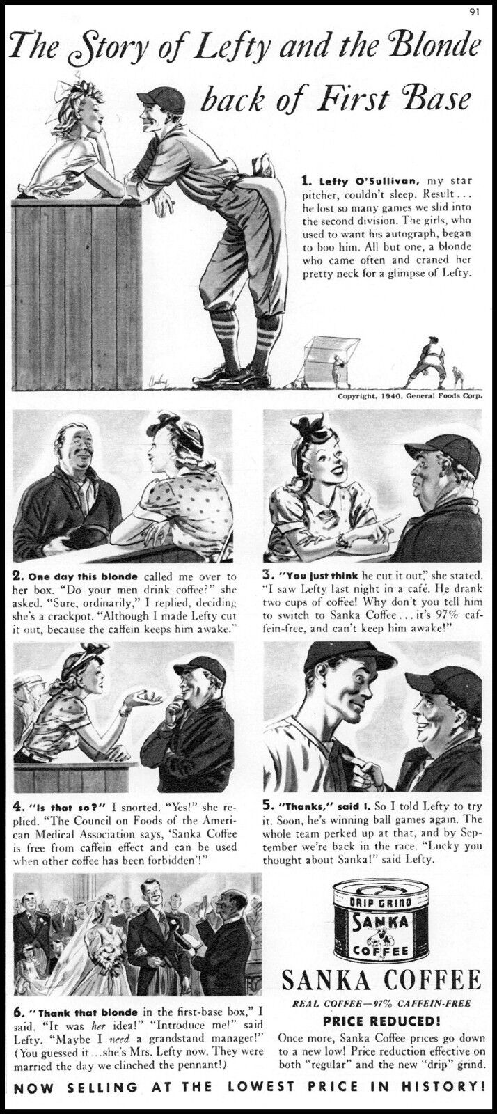 1940 Sanka coffee lefty & the blonde baseball comic vintage art Print Ad ads13