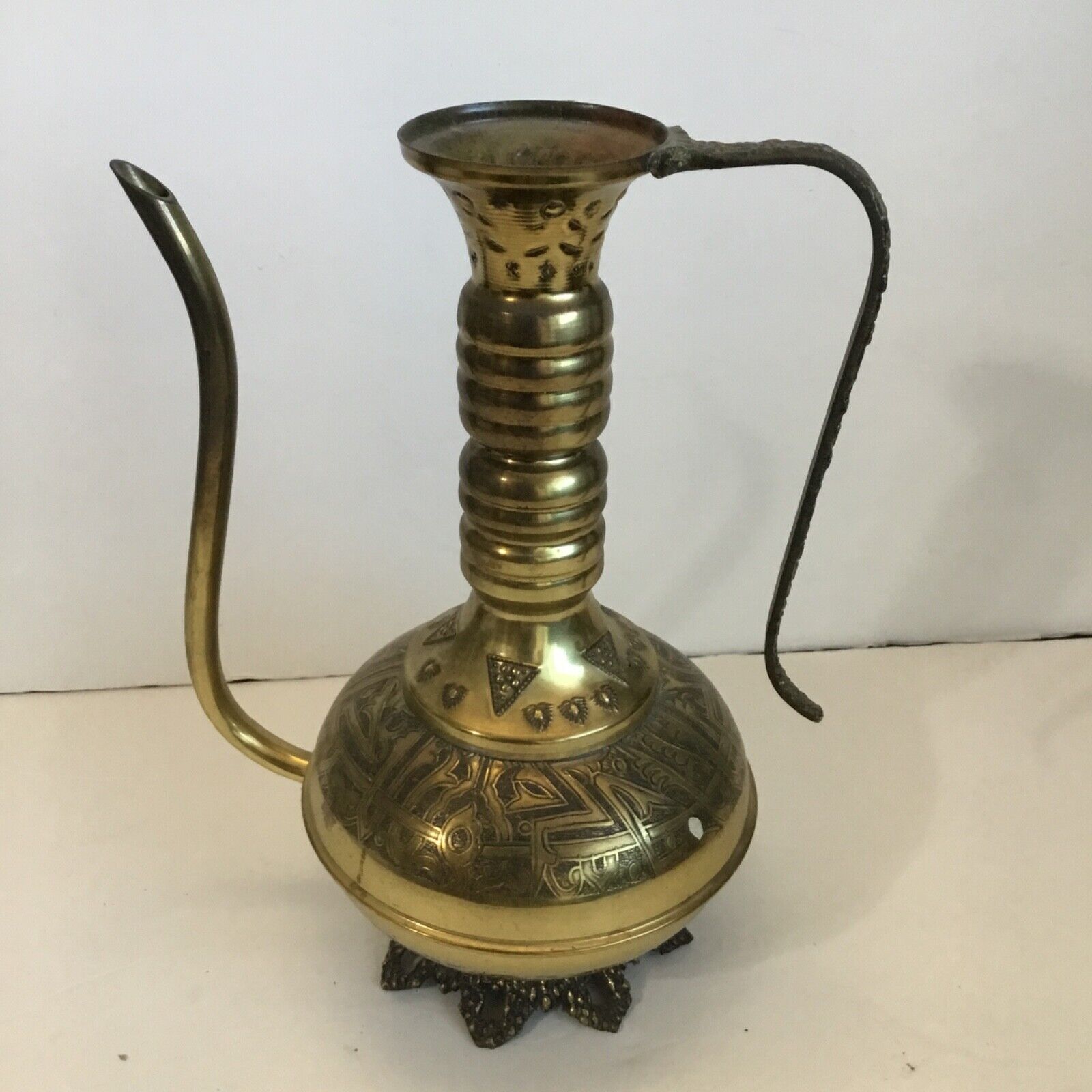 Jerusalem Long Neck Pitcher Oil Jug Brass 10”H