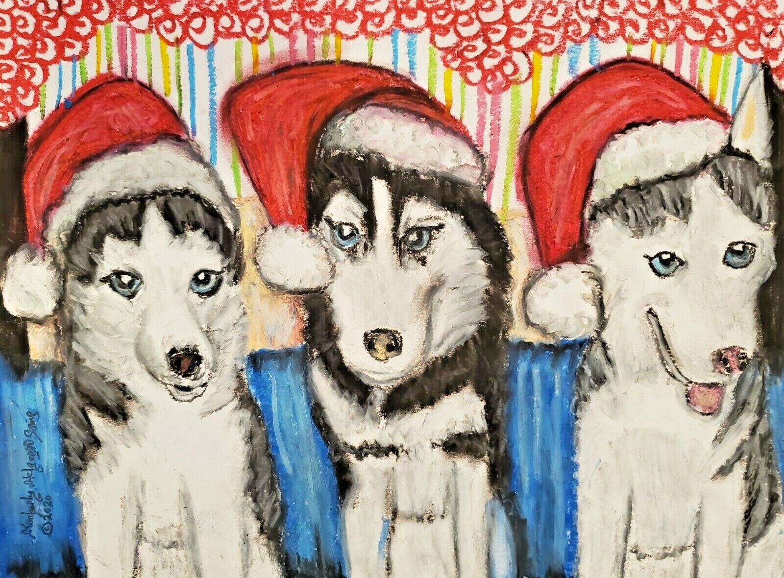 Siberian Husky Christmas Art Print 13 x 19 Collectible by Artist KSams Dogs