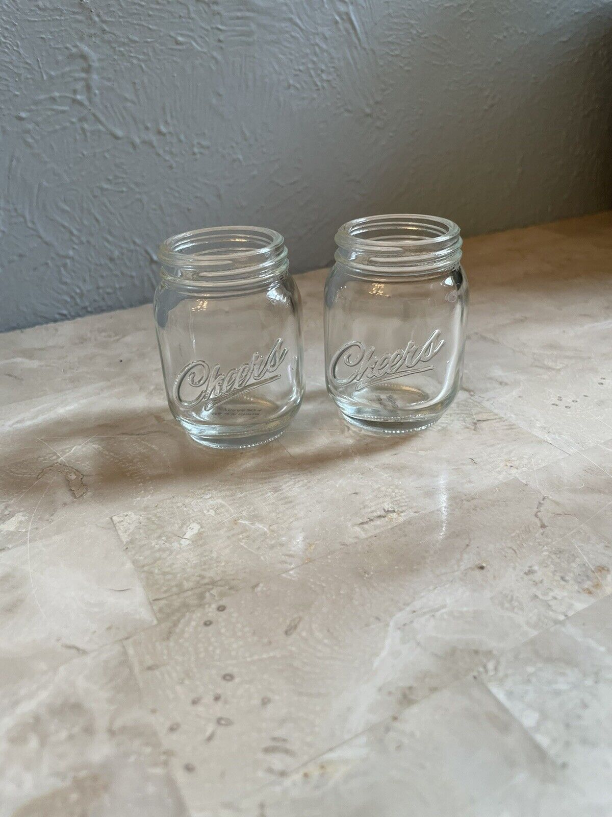 Set Of 2 “Cheers” Mason Jar Type Shot Glasses Glass.