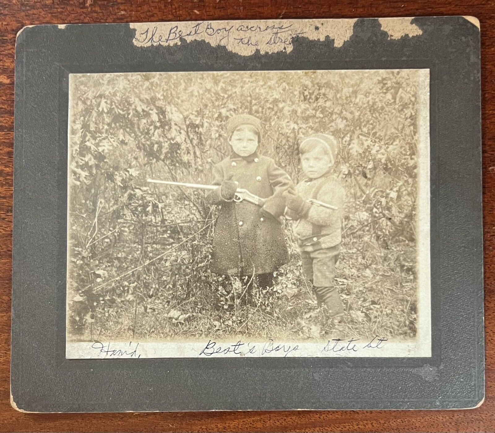 ATQ 1910s Photo on Board Little Boys Playing Outside Cold Toy Guns Rifle Pistol