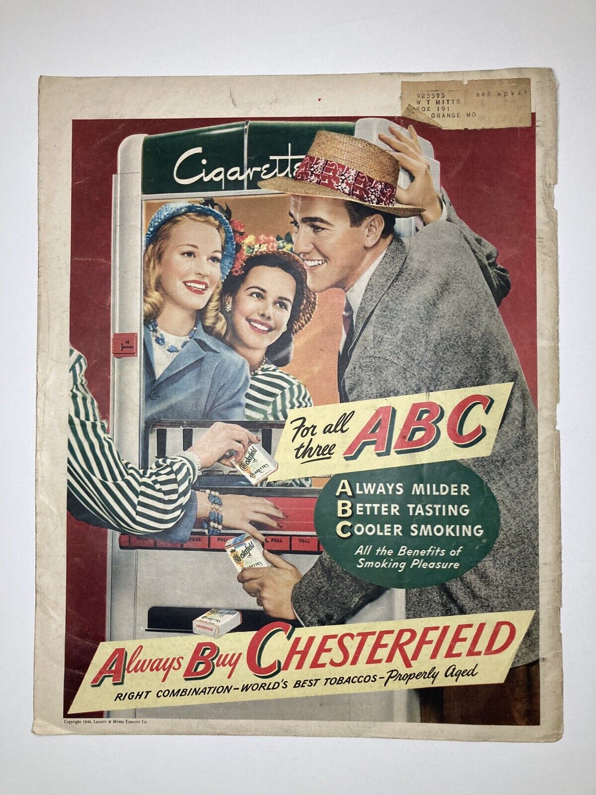 VINTAGE 1946 Print Ad ~ Chesterfield Smokes ~ ABC ~ Juke Box By Wurlitzer 10x13”