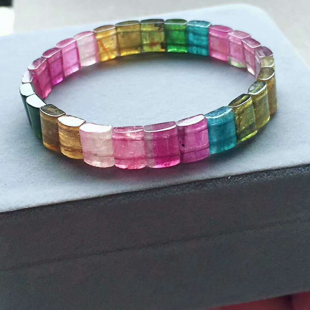 8.9mm Natural Rainbow Tourmaline Crystal Rectangle Bead Woman Lady Bracelet AAAA