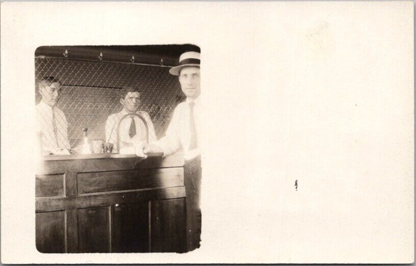 Vintage 1910s Photo RPPC Postcard OFFICE SCENE Clerks Behind Wire Fence Window