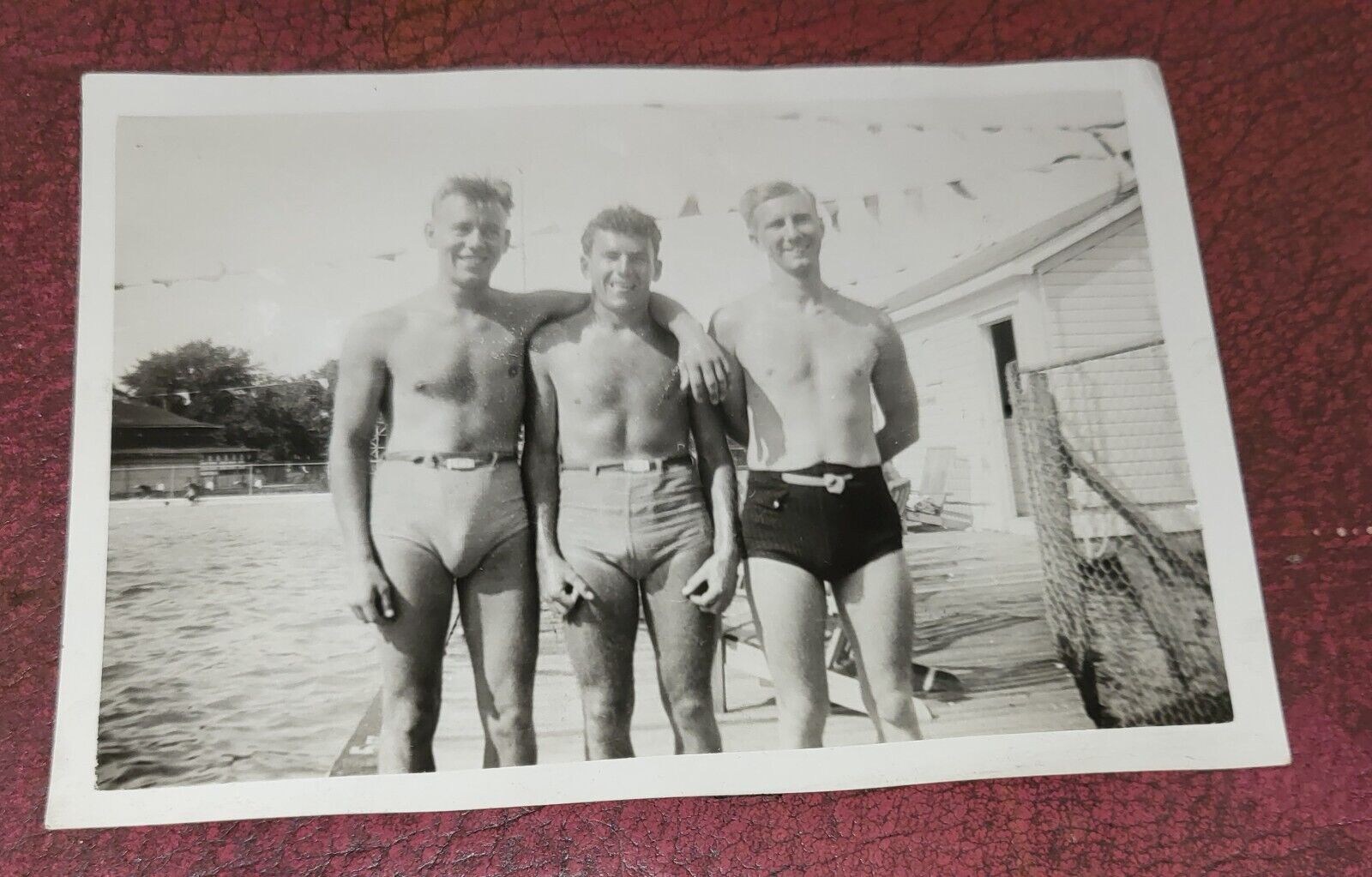 1950s photo beefcake men hug in bathing swimsuits gay int snapshot bulge