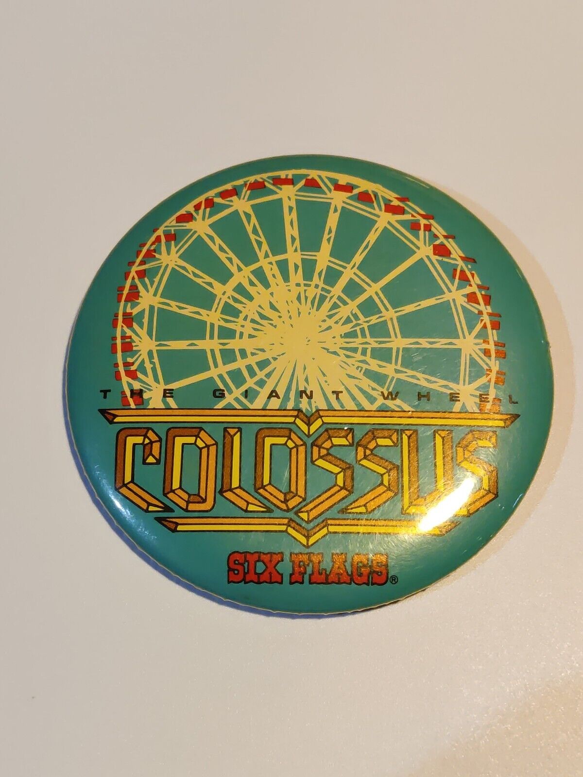 RARE Vintage 1980's Six Flags COLOSSUS Giant Wheel Pinback Button Rollercoaster