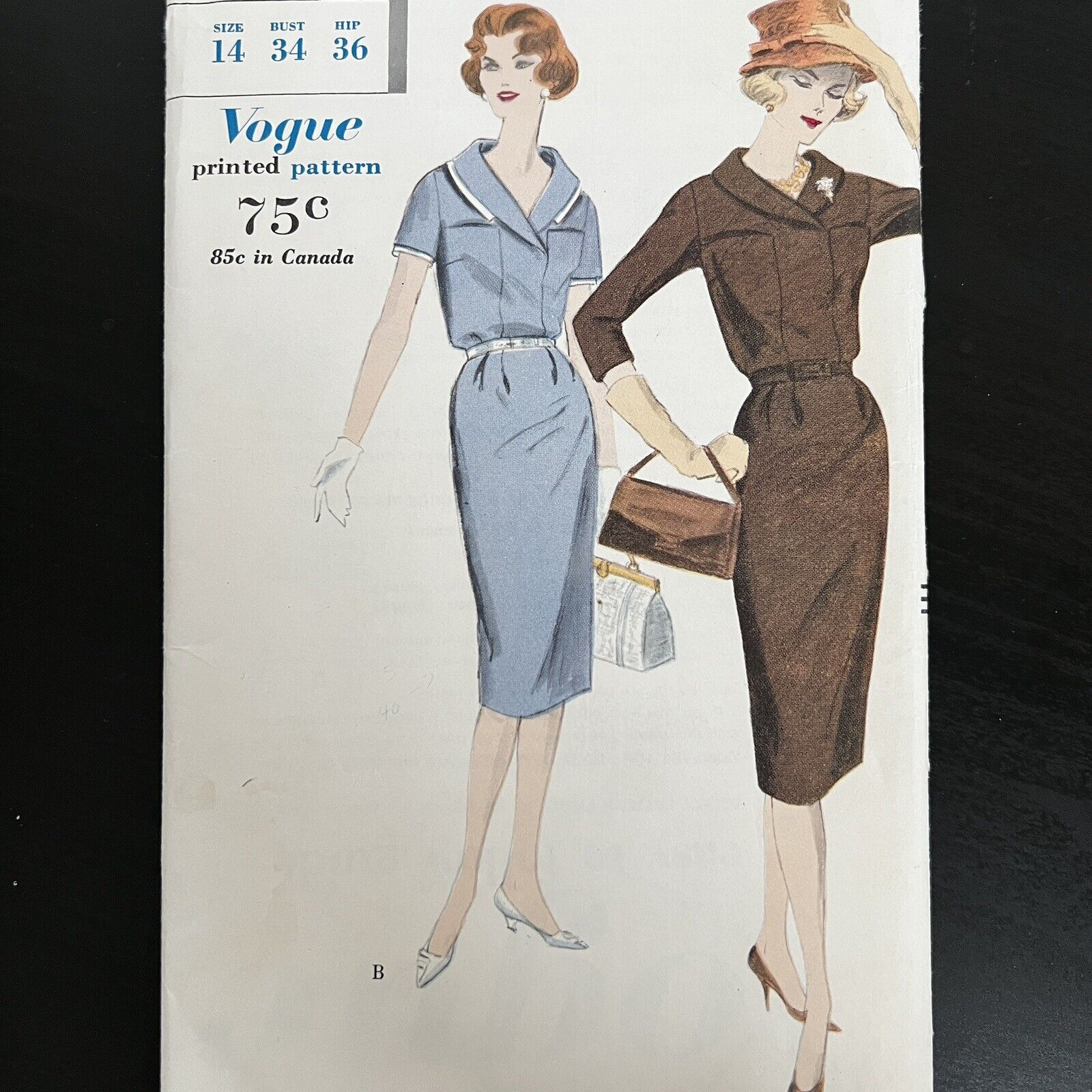 Vintage 1950s Vogue 9826 Shawl Collar Slim Skirt Dress Sewing Pattern 14 XS CUT