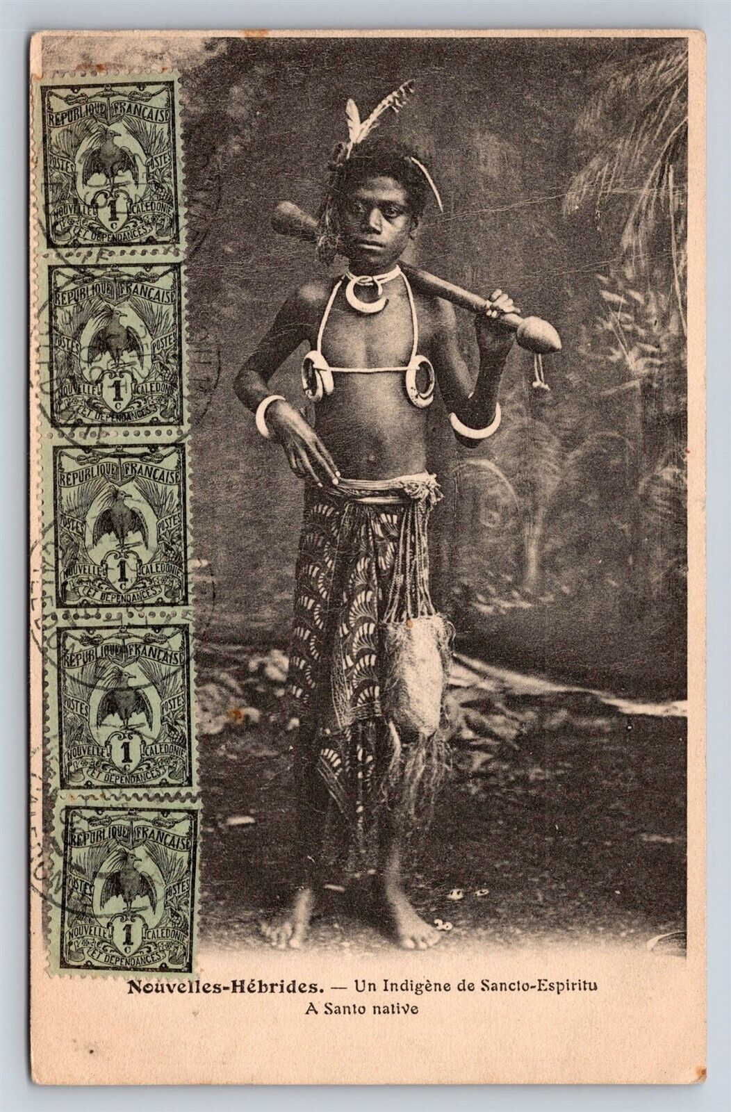 Postcard Vanuatu New Hebrides Native Sancto 1907 New Caledonia Stamps Cover AT16