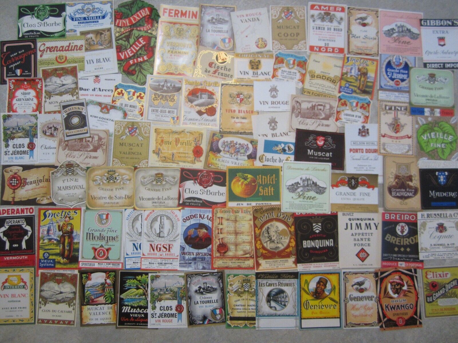 Lot of 80 Old 1930\'s-1950\'s - European WINE & LIQUOR LABELS - All Different