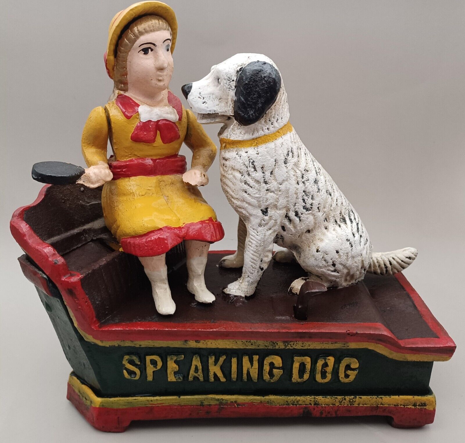 Vintage Antique CAST IRON Mechanical SPEAKING DOG Money Coin Bank Reproduction