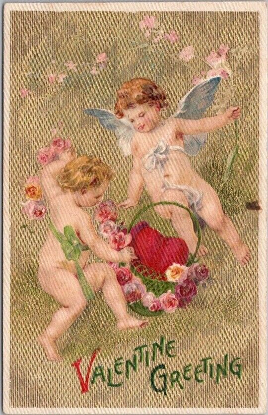 c1910s VALENTINE GREETING Embossed Postcard Cupids / Heart in Basket Winsch Back