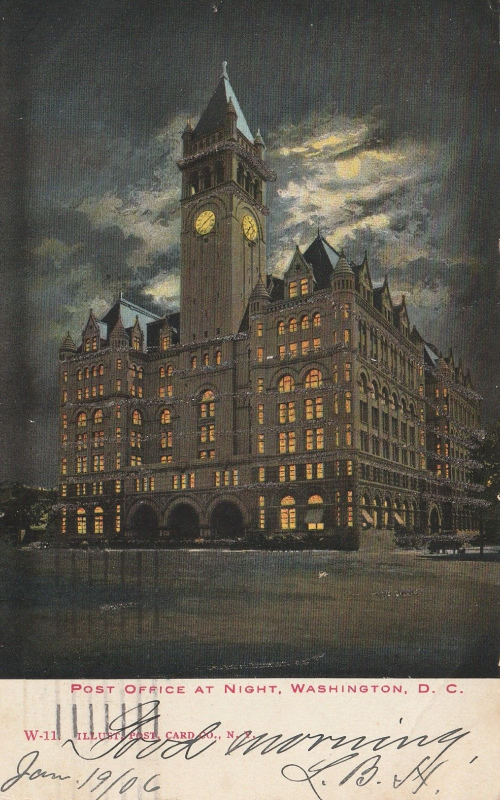 C 1906 Glitter On Windows Old Post Office at Night Moonlight Washington DC