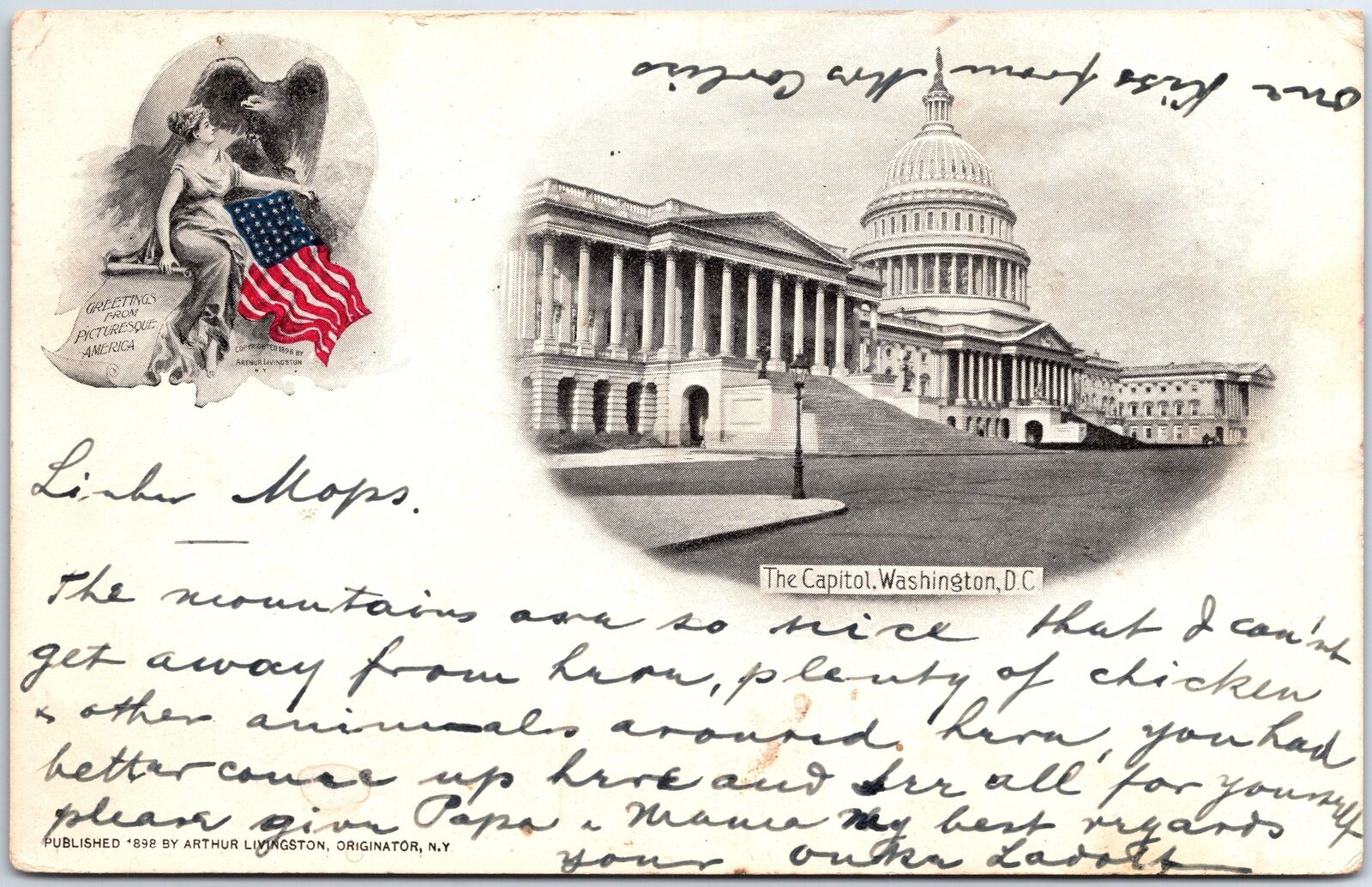 VINTAGE POSTCARD PATRIOTIC SOUVENIR CARD POSTED 1898 WASHINGTON D.C. GREAT CONDI