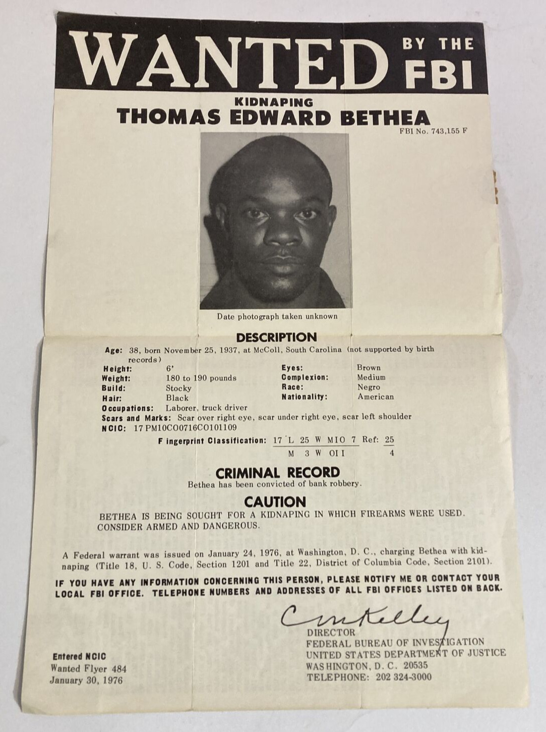 1976 Vintage FBI Wanted Poster Thomas Edward Bethea