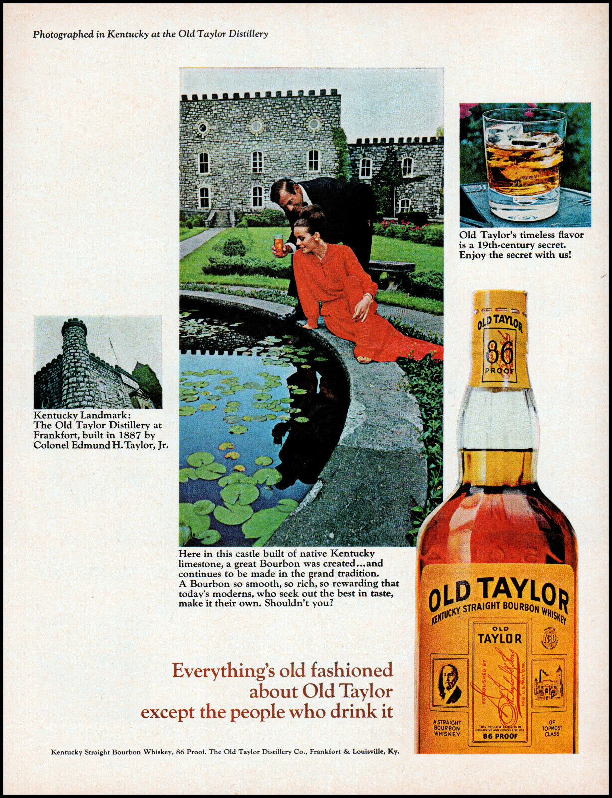 1966 Old Taylor Bourbon Distillery Castle circa 1887 retro photo print ad LA11