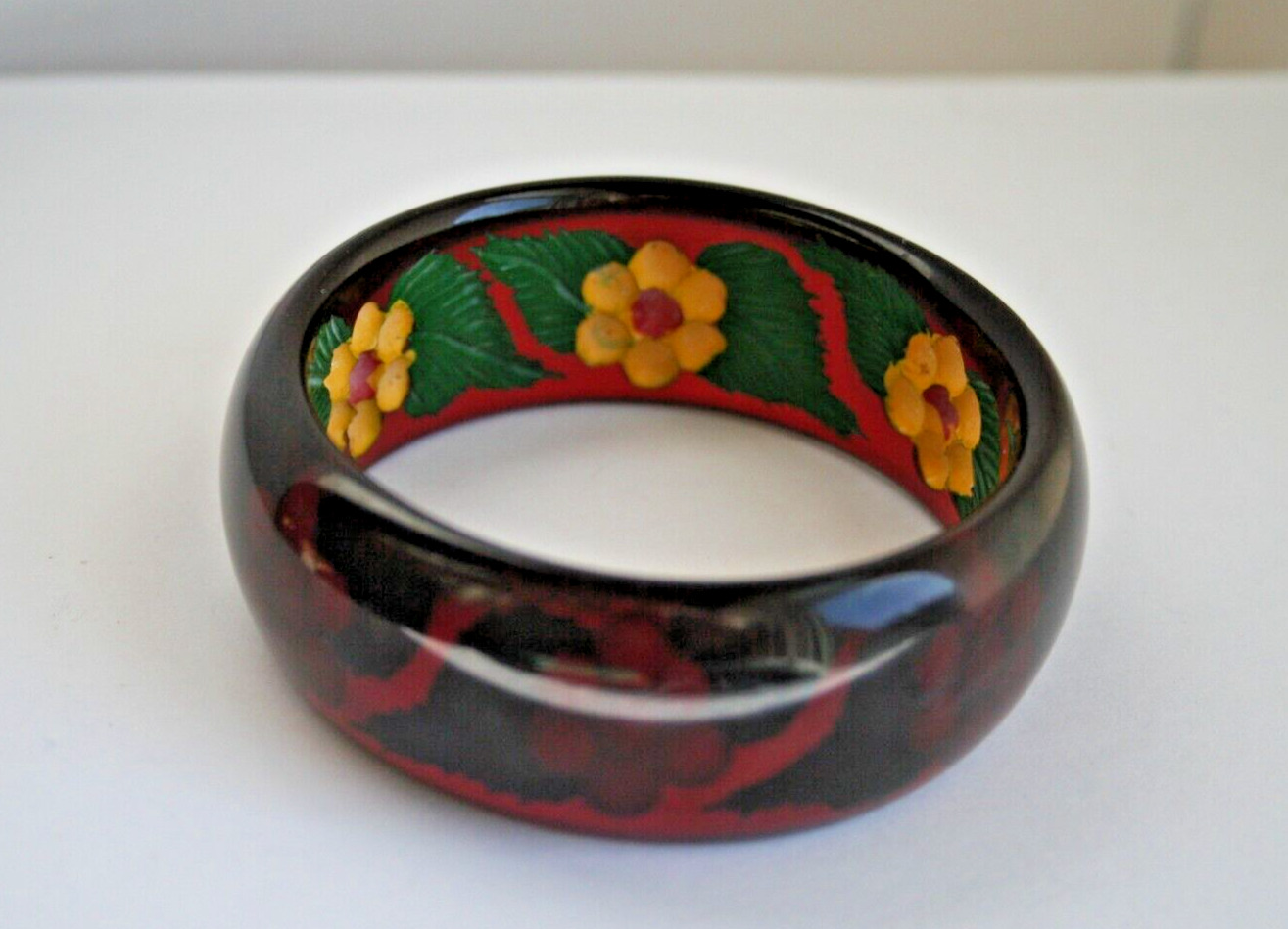 Vintage Reverse Carved Bakelite Bangle Bracelet Dark Cherry - Painted Flowers