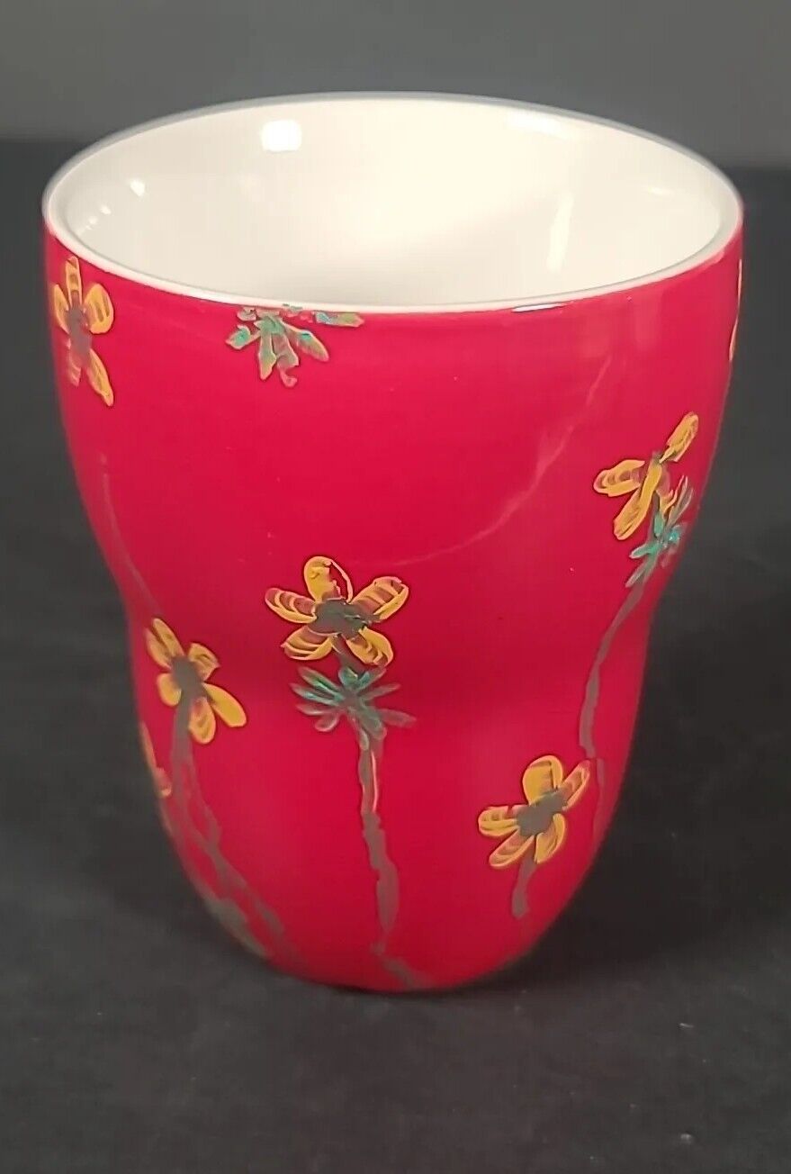 Rare Starbucks No Handle Handleless Red Floral 3D Paint Textured Coffee Mug 