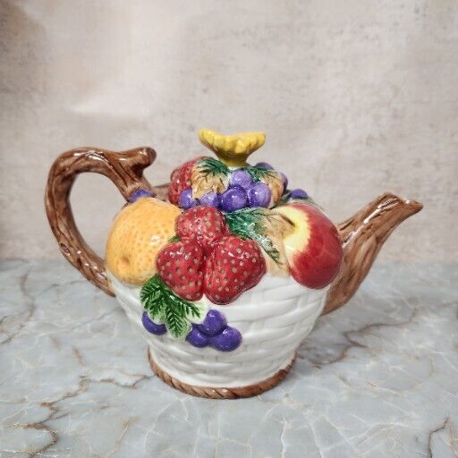 Vintage Ceramic Fruit Teapot Basket Weave Design