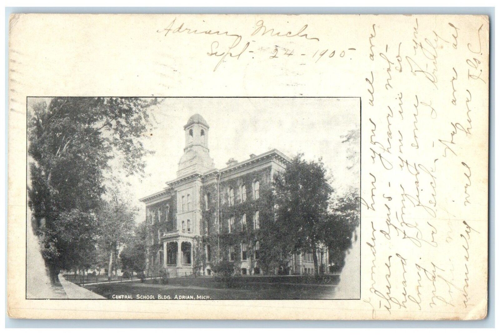 1905 Central School Building Exterior View Adrian Michigan MI Vintage Postcard