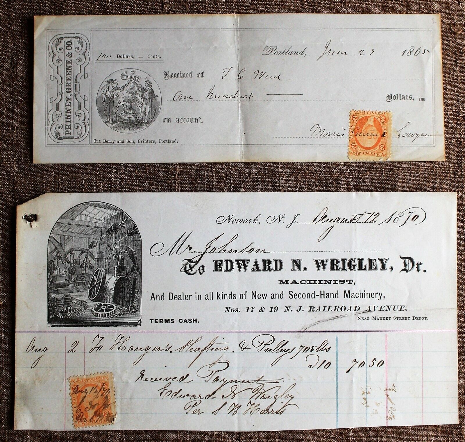 Two 19th c. Business Receipts with Internal Revenue Stamps (Civil War &1870)