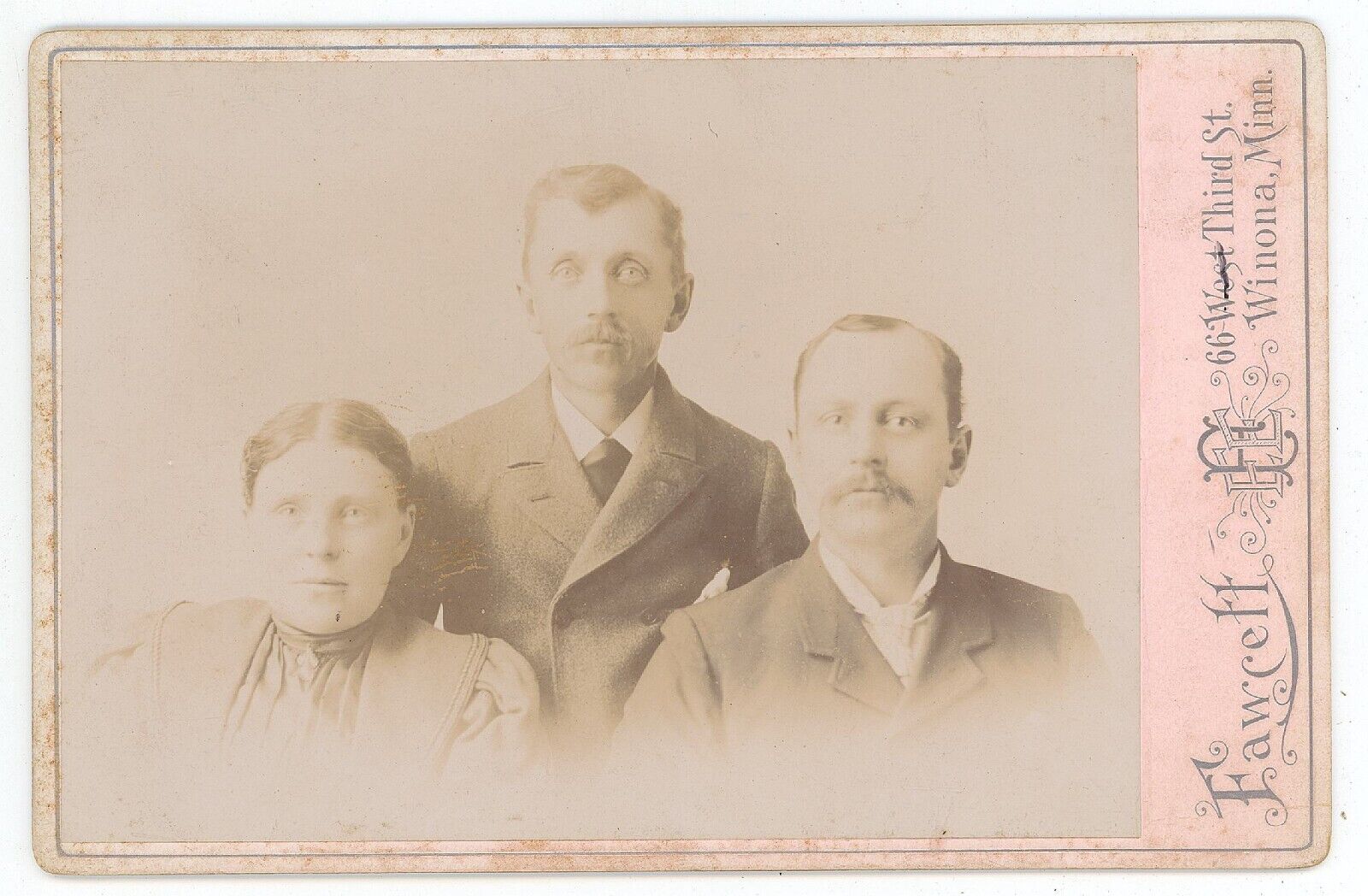 Antique Circa 1880s Cabinet Card Fawcett Two Rugged Men and a Woman Winona, MN