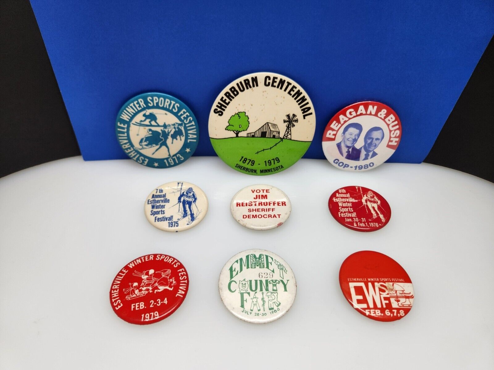 Vintage 70\'s 80\'s Pin-Back Button Lot Of 9 Flair Political Festival Sports