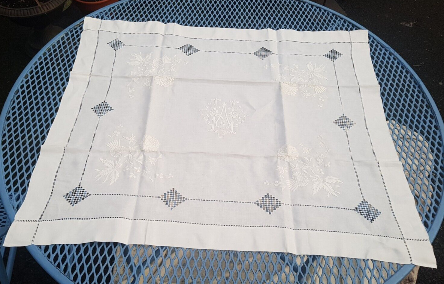 27 x 32 in antique Irish linen tablecloth white shamrocks thistles embroidery