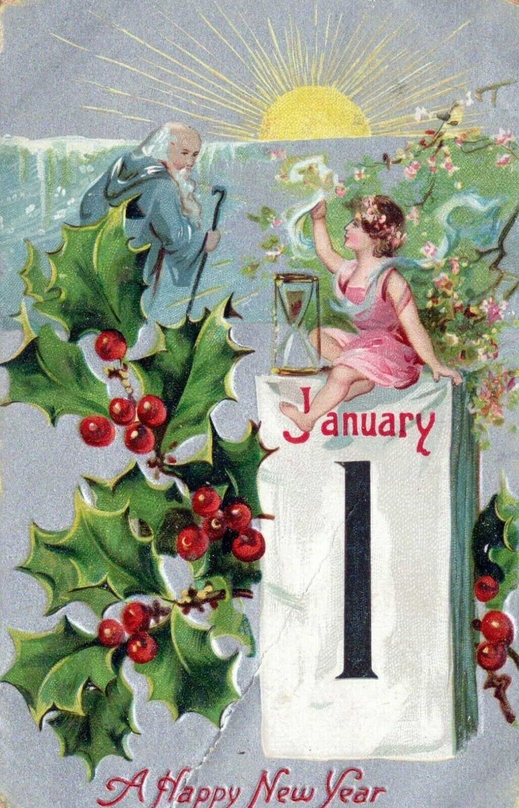 c1911 Father Time January 1  Scene Embossed New Years Greeting Antique