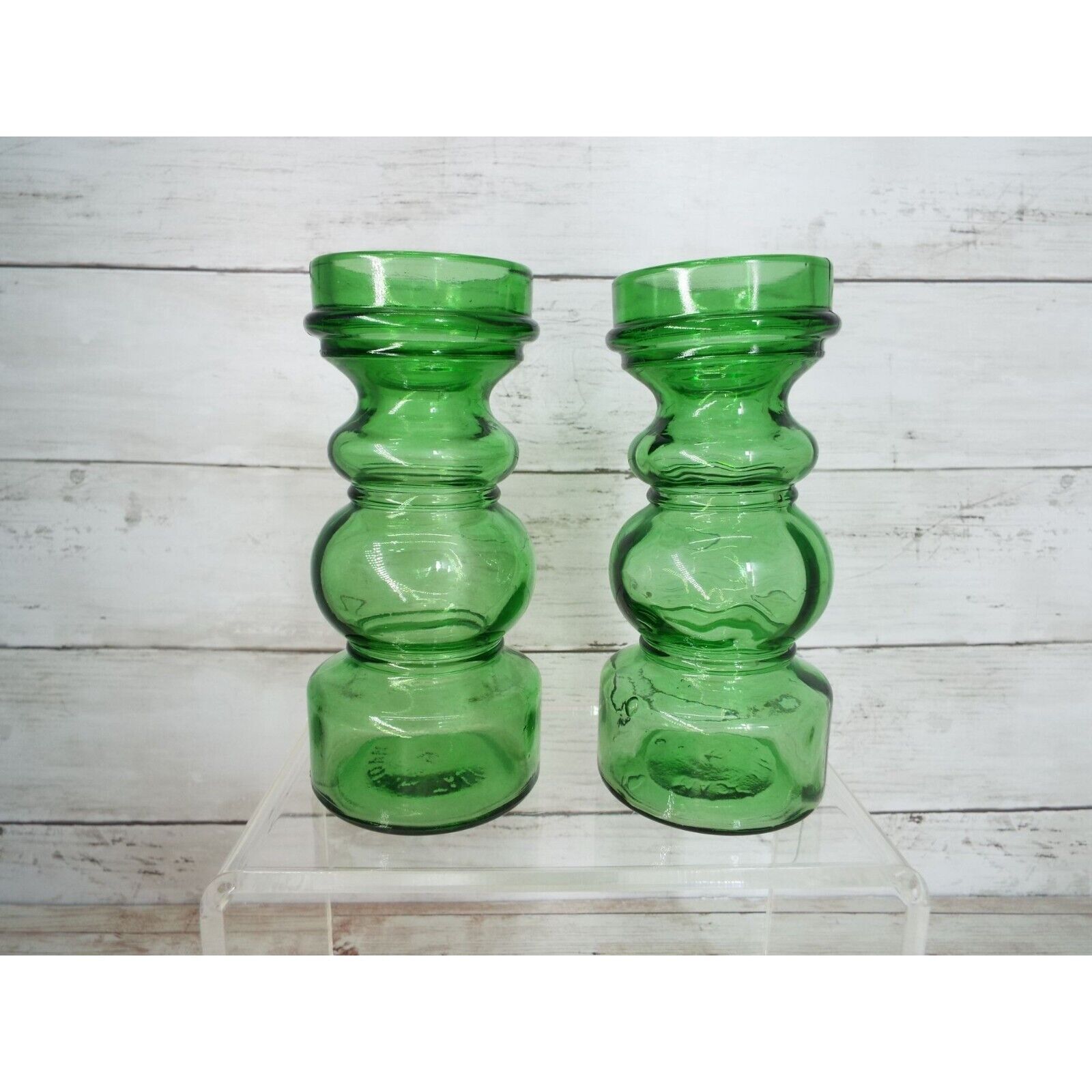 Vintage Pair of Vetreria Etrusca VE Italy Green Glass Bubble Vase Candle Holders
